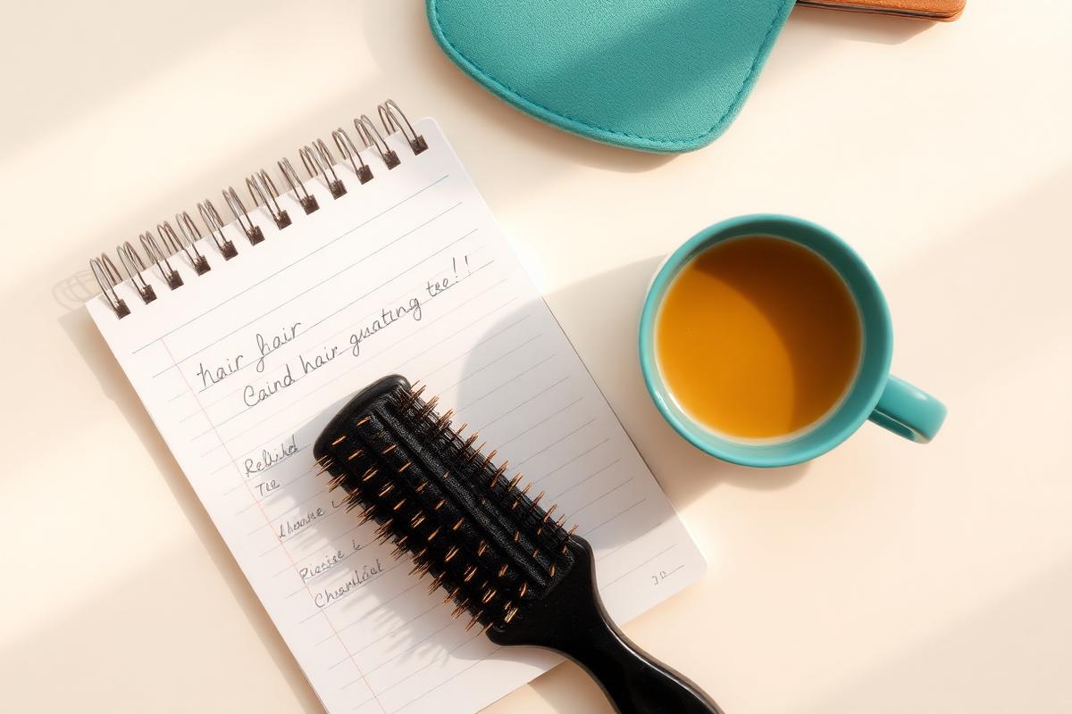 Cuaderno con notas sobre cuidado del cabello y cepillo