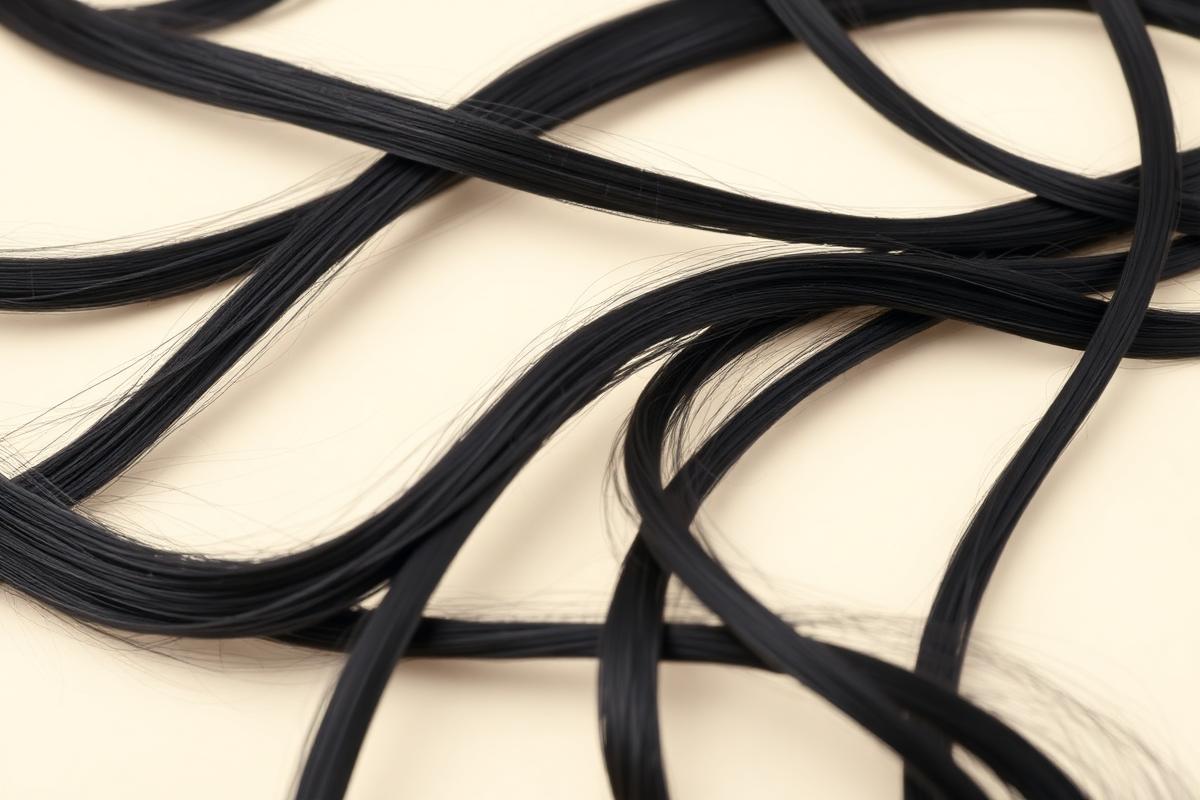 Mechones de cabello oscuro sobre fondo crema