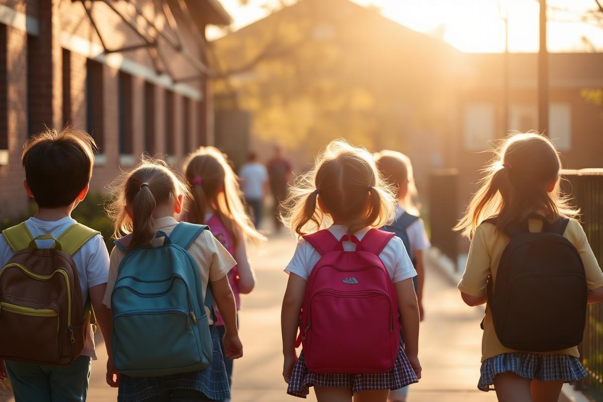 Niños caminando hacia la escuela con mochilas