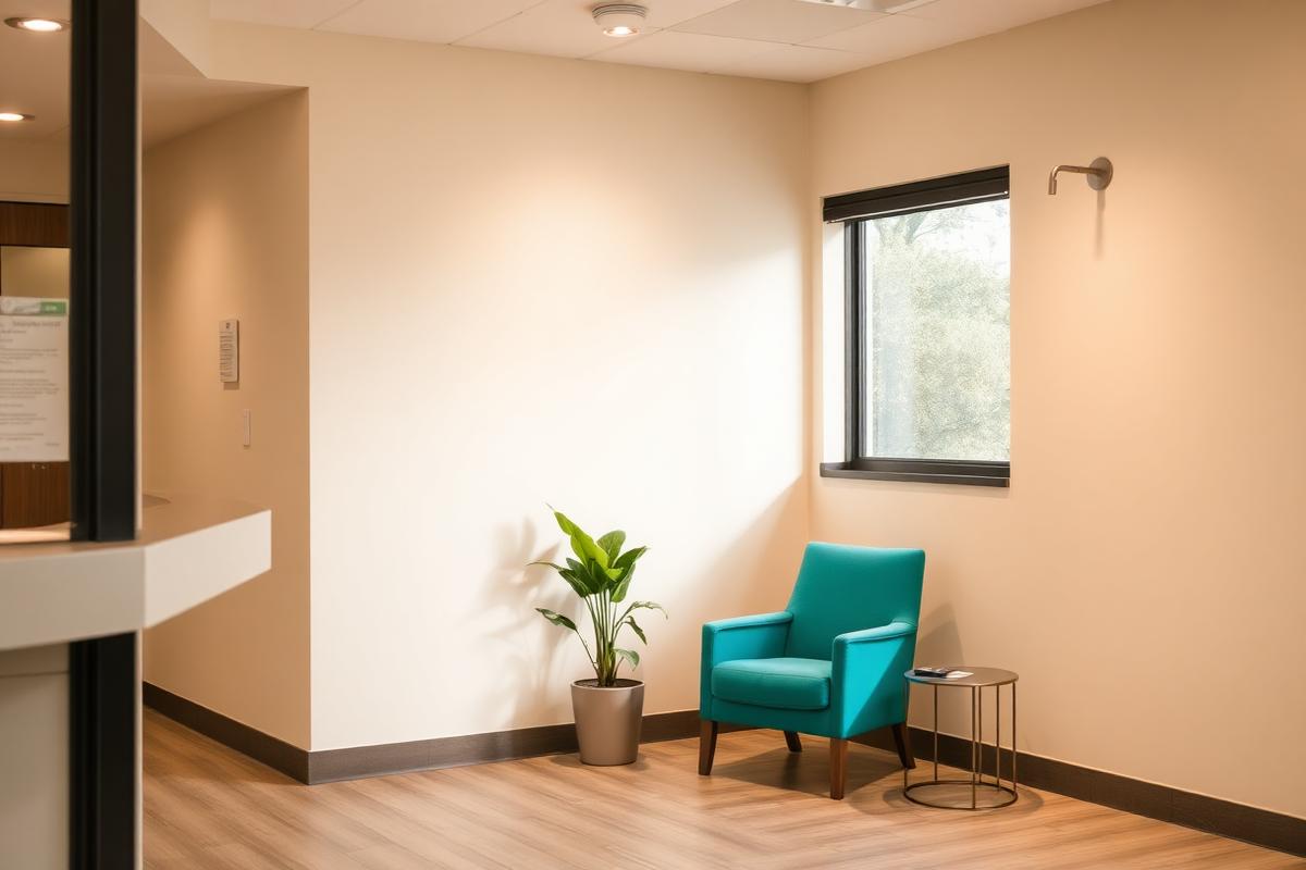 Sala de espera moderna de una clínica con sillón turquesa
