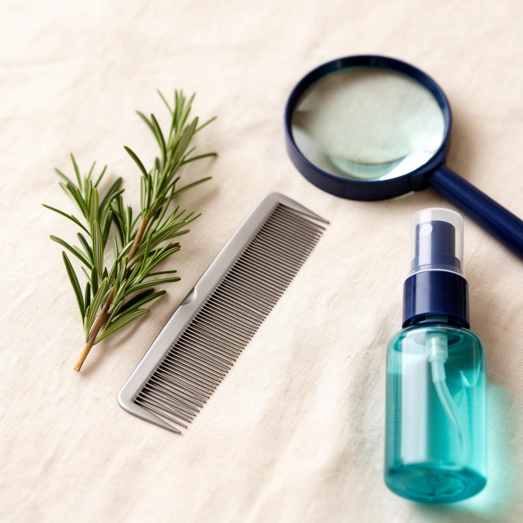 Peine liendrera profesional, lupa y producto natural sobre lino